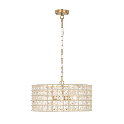 Elegant 5-Light Dimmable Crystal Drum Pendant with Brushed Brass Accents