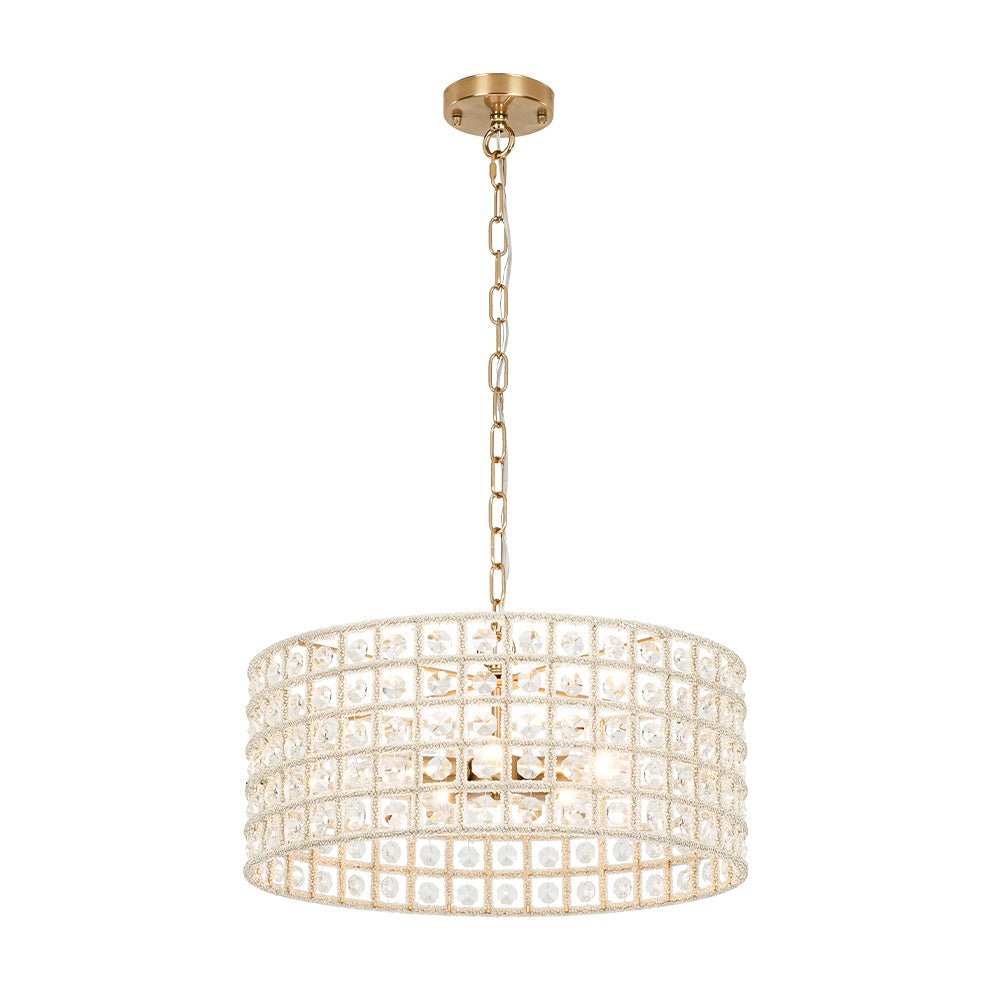 Elegant 5-Light Dimmable Crystal Drum Pendant with Brushed Brass Accents