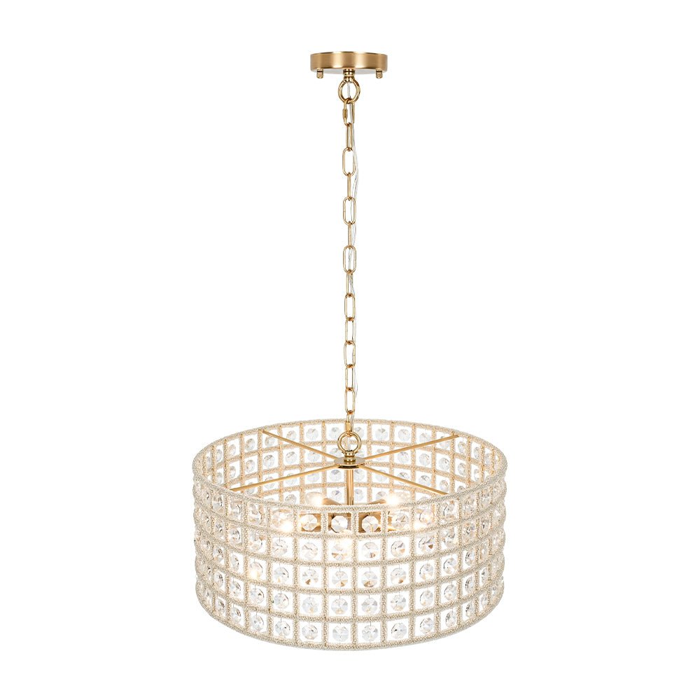 Elegant 5-Light Dimmable Crystal Drum Pendant with Brushed Brass Accents