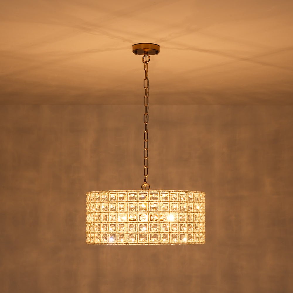 Elegant 5-Light Dimmable Crystal Drum Pendant with Brushed Brass Accents