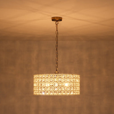 Elegant 5-Light Dimmable Crystal Drum Pendant with Brushed Brass Accents