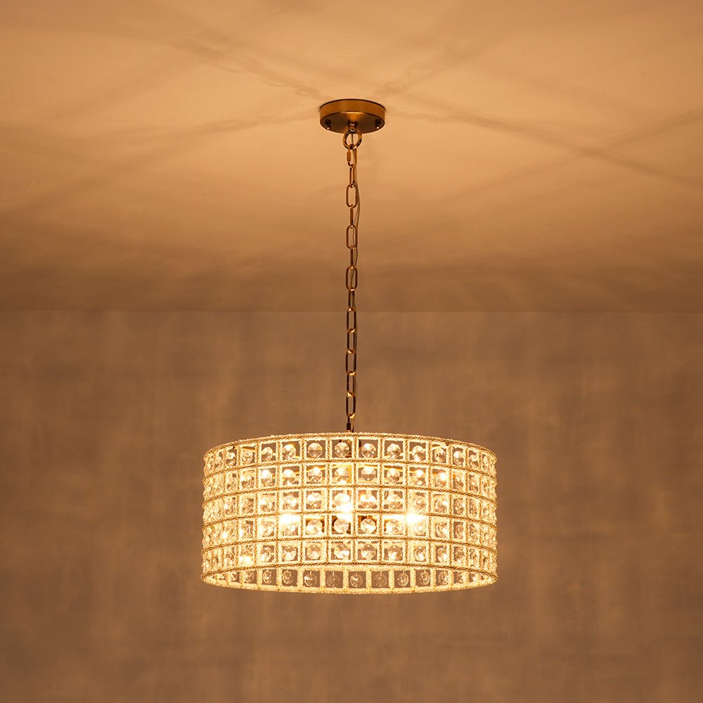Elegant 5-Light Dimmable Crystal Drum Pendant with Brushed Brass Accents