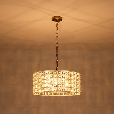Elegant 5-Light Dimmable Crystal Drum Pendant with Brushed Brass Accents