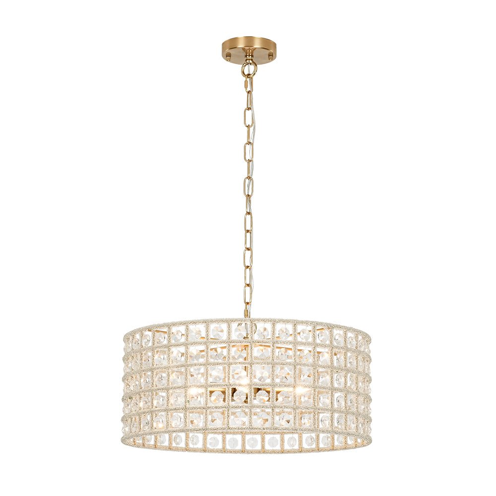 Elegant 5-Light Dimmable Crystal Drum Pendant with Brushed Brass Accents
