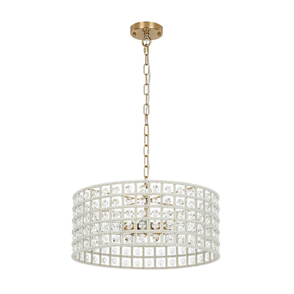 Elegant 5-Light Dimmable Crystal Drum Pendant with Brushed Brass Accents