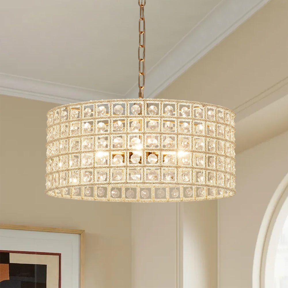 Elegant 5-Light Dimmable Crystal Drum Pendant with Brushed Brass Accents