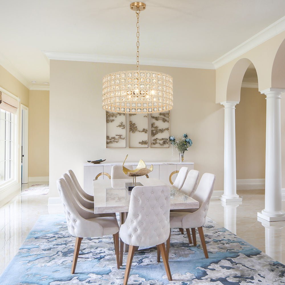 Elegant 5-Light Dimmable Crystal Drum Pendant with Brushed Brass Accents