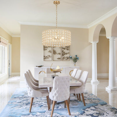 Elegant 5-Light Dimmable Crystal Drum Pendant with Brushed Brass Accents