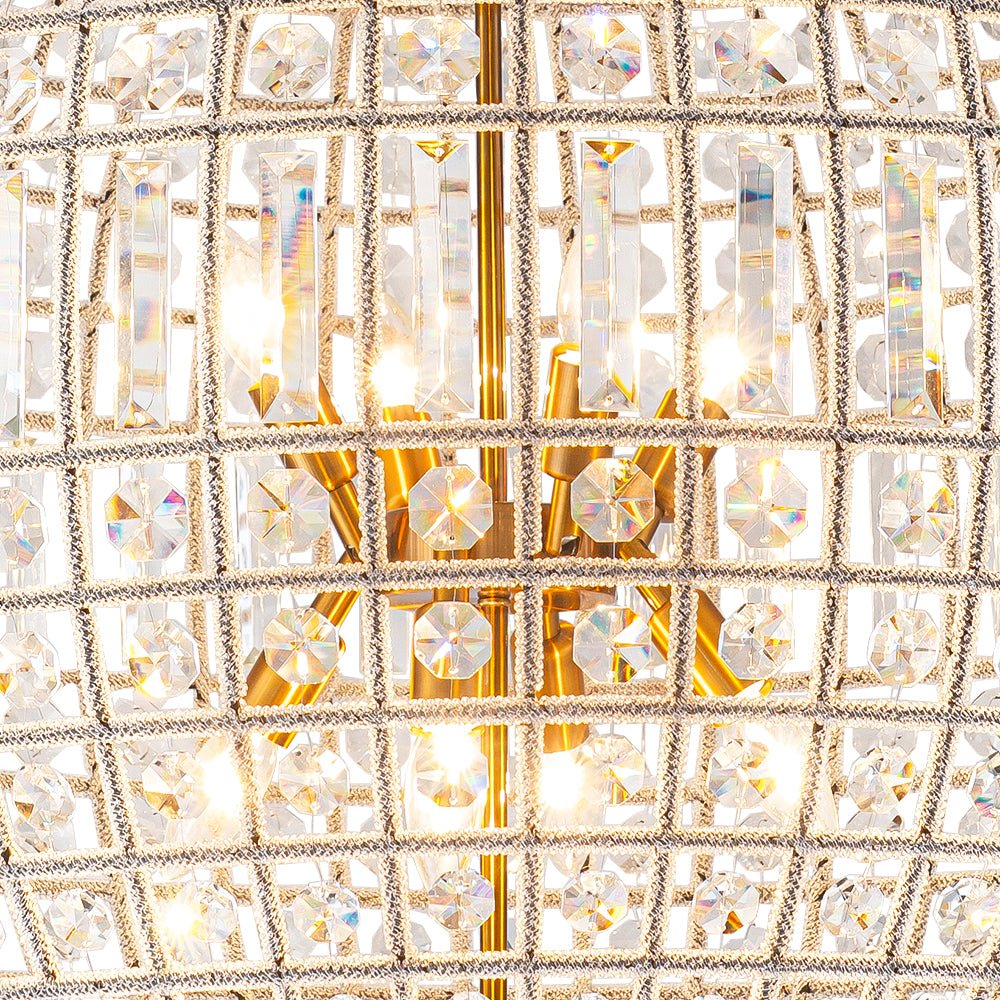 Elegant Faceted Crystal Globe Pendant Chandelier: Antique Brass, Entangled Beads, Dimmable