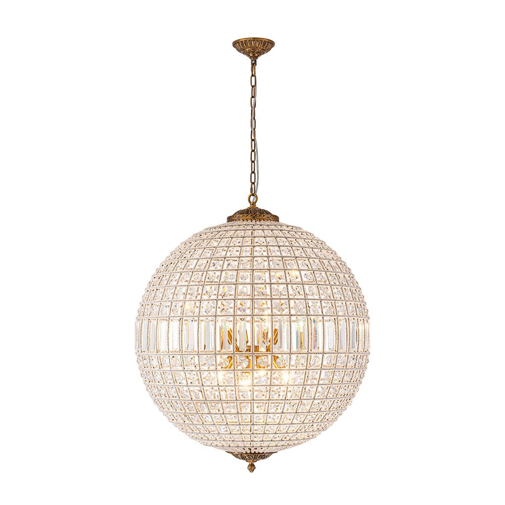 Elegant Faceted Crystal Globe Pendant Chandelier: Antique Brass, Entangled Beads, Dimmable