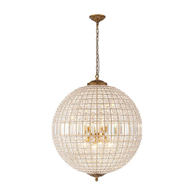 Elegant Faceted Crystal Globe Pendant Chandelier: Antique Brass, Entangled Beads, Dimmable