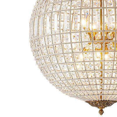 Elegant Faceted Crystal Globe Pendant Chandelier: Antique Brass, Entangled Beads, Dimmable