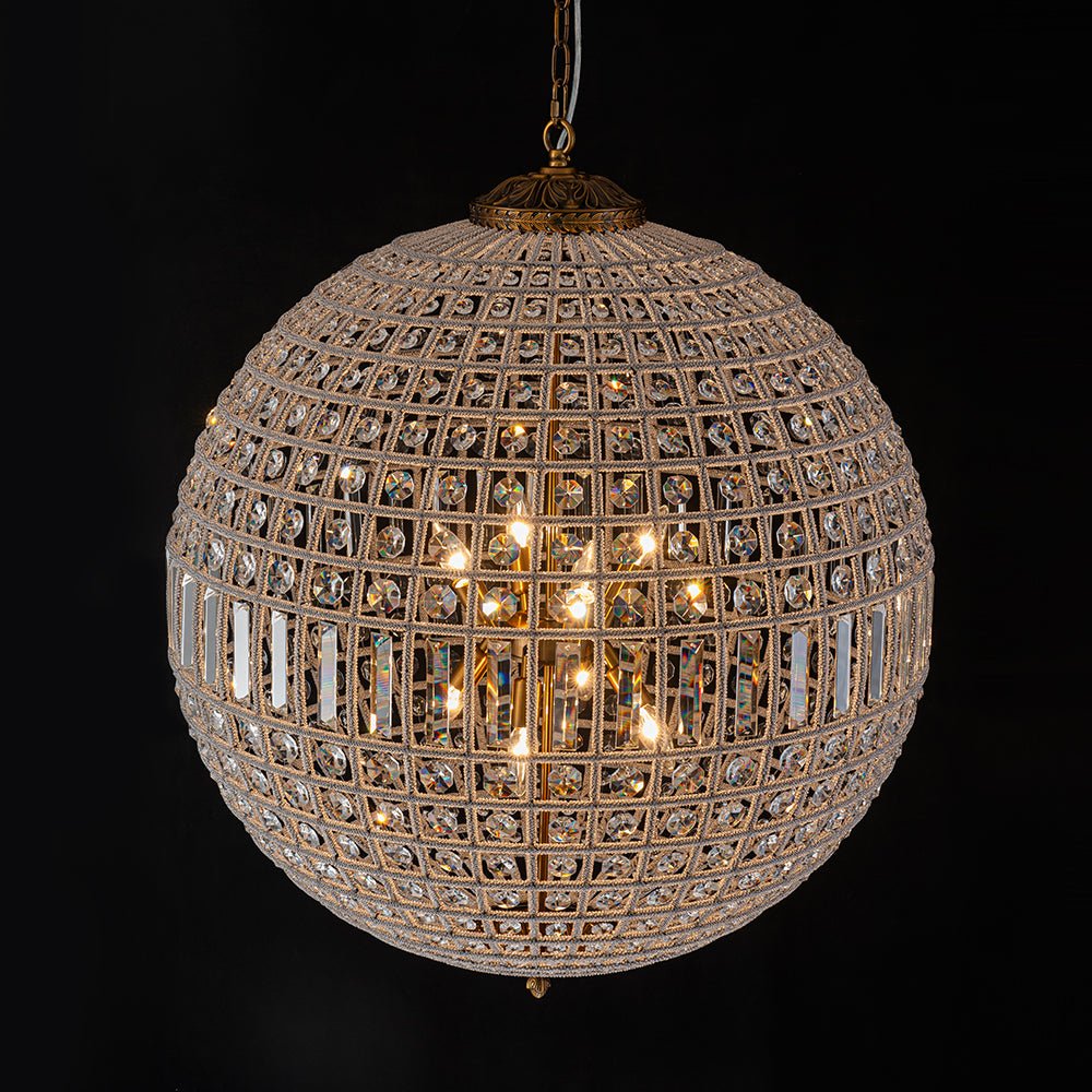 Elegant Faceted Crystal Globe Pendant Chandelier: Antique Brass, Entangled Beads, Dimmable