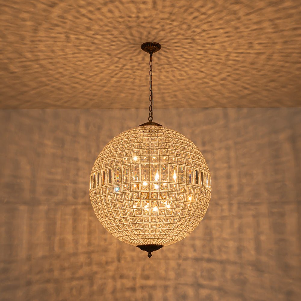 Elegant Faceted Crystal Globe Pendant Chandelier: Antique Brass, Entangled Beads, Dimmable