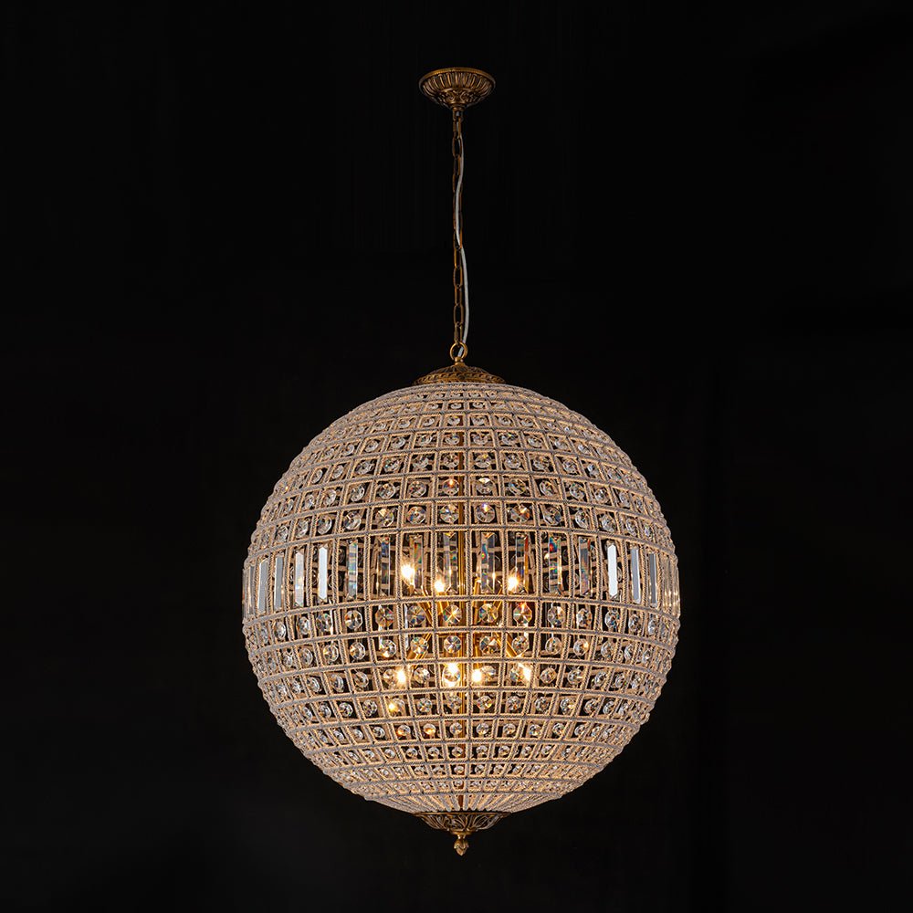 Elegant Faceted Crystal Globe Pendant Chandelier: Antique Brass, Entangled Beads, Dimmable