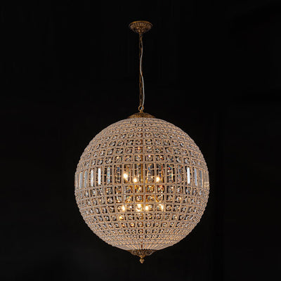 Elegant Faceted Crystal Globe Pendant Chandelier: Antique Brass, Entangled Beads, Dimmable