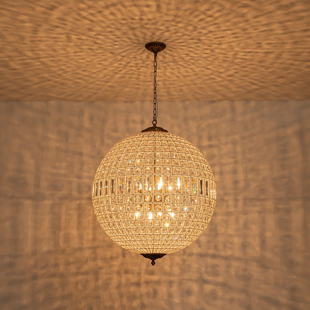 Elegant Faceted Crystal Globe Pendant Chandelier: Antique Brass, Entangled Beads, Dimmable