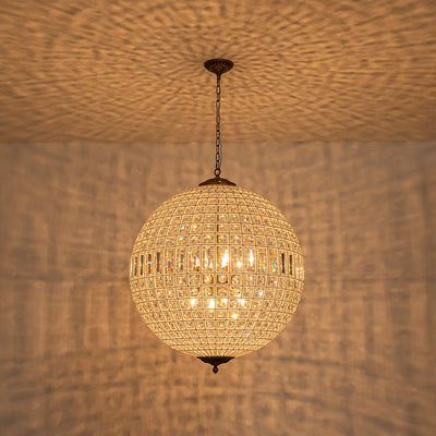 Elegant Faceted Crystal Globe Pendant Chandelier: Antique Brass, Entangled Beads, Dimmable