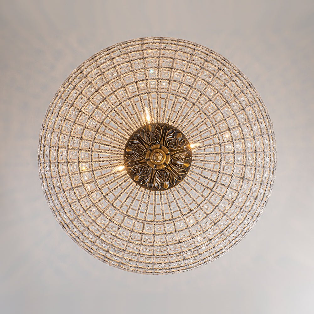 Elegant Faceted Crystal Globe Pendant Chandelier: Antique Brass, Entangled Beads, Dimmable