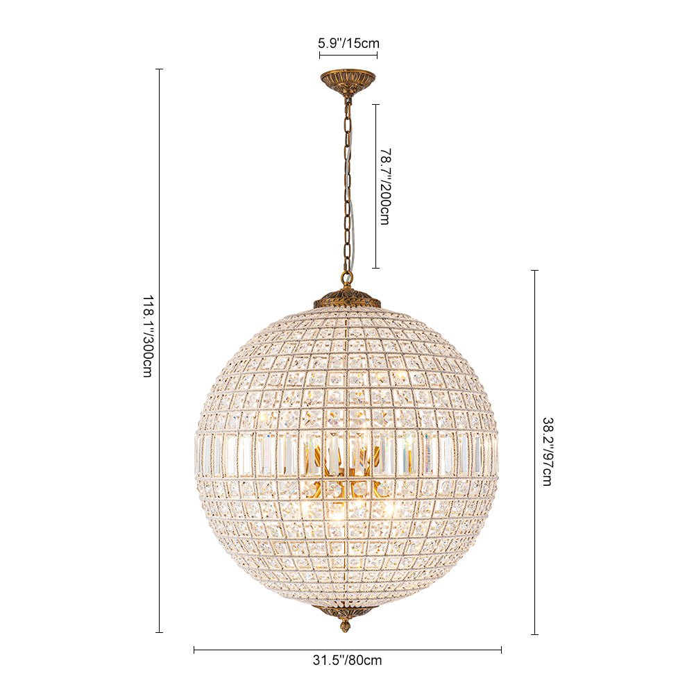 Elegant Faceted Crystal Globe Pendant Chandelier: Antique Brass, Entangled Beads, Dimmable