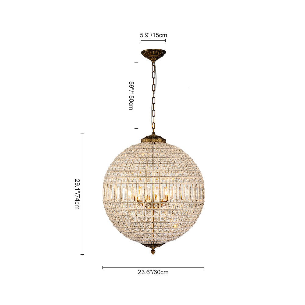Elegant Faceted Crystal Globe Pendant Chandelier: Antique Brass, Entangled Beads, Dimmable