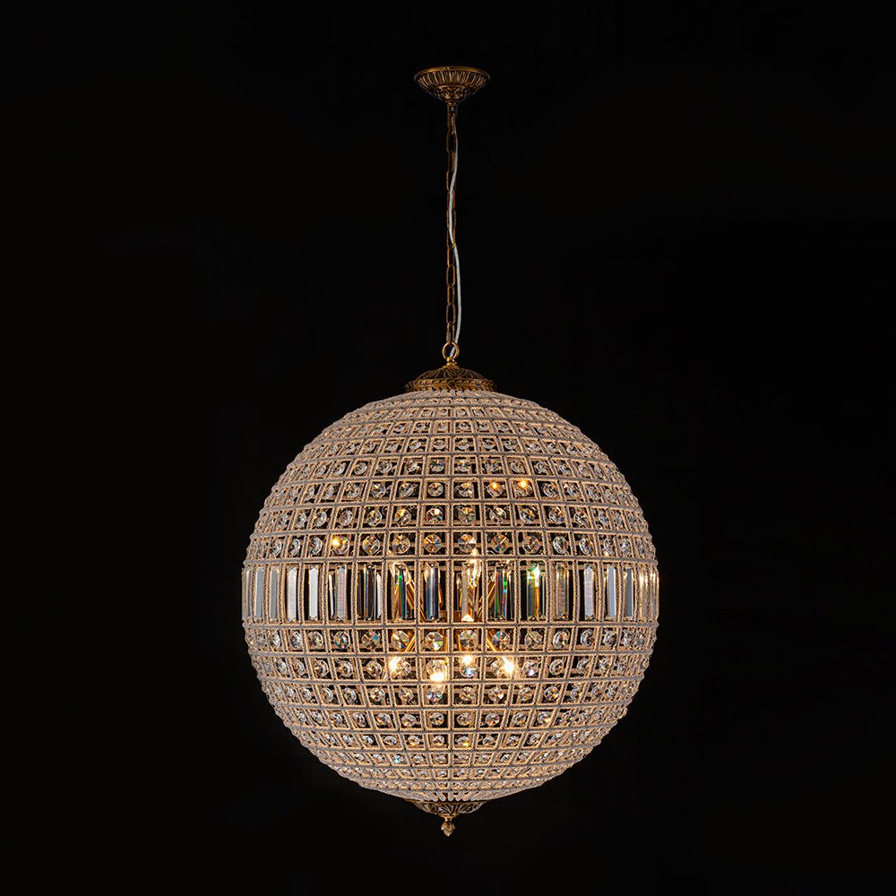 Elegant Faceted Crystal Globe Pendant Chandelier: Antique Brass, Entangled Beads, Dimmable