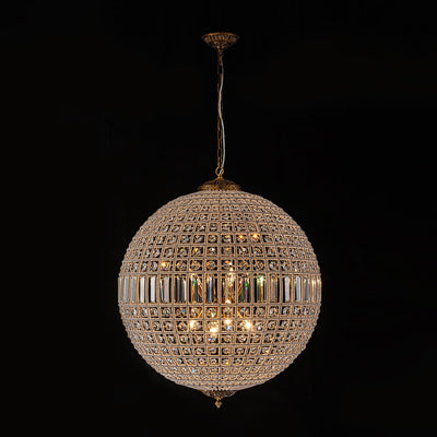 Elegant Faceted Crystal Globe Pendant Chandelier: Antique Brass, Entangled Beads, Dimmable
