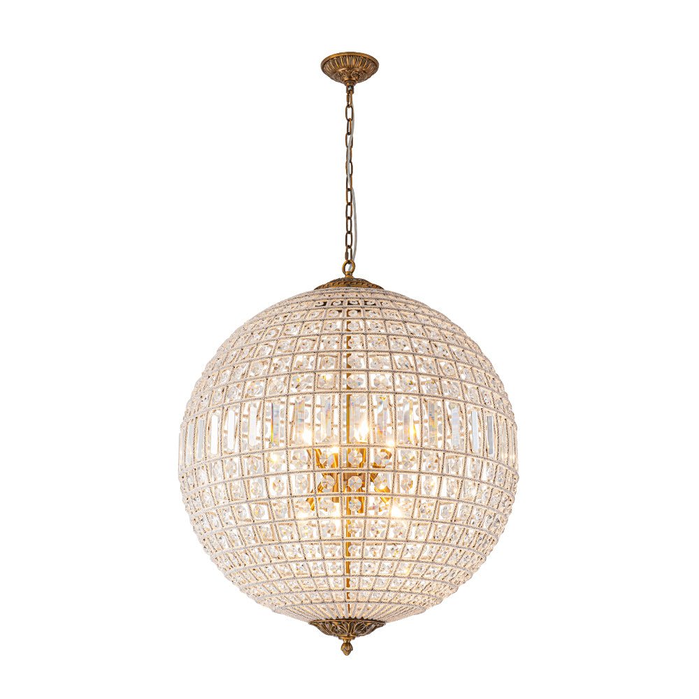 Elegant Faceted Crystal Globe Pendant Chandelier: Antique Brass, Entangled Beads, Dimmable