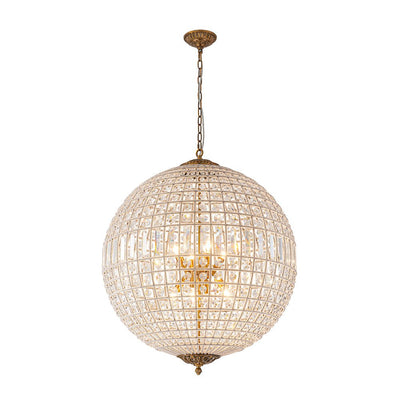 Elegant Faceted Crystal Globe Pendant Chandelier: Antique Brass, Entangled Beads, Dimmable