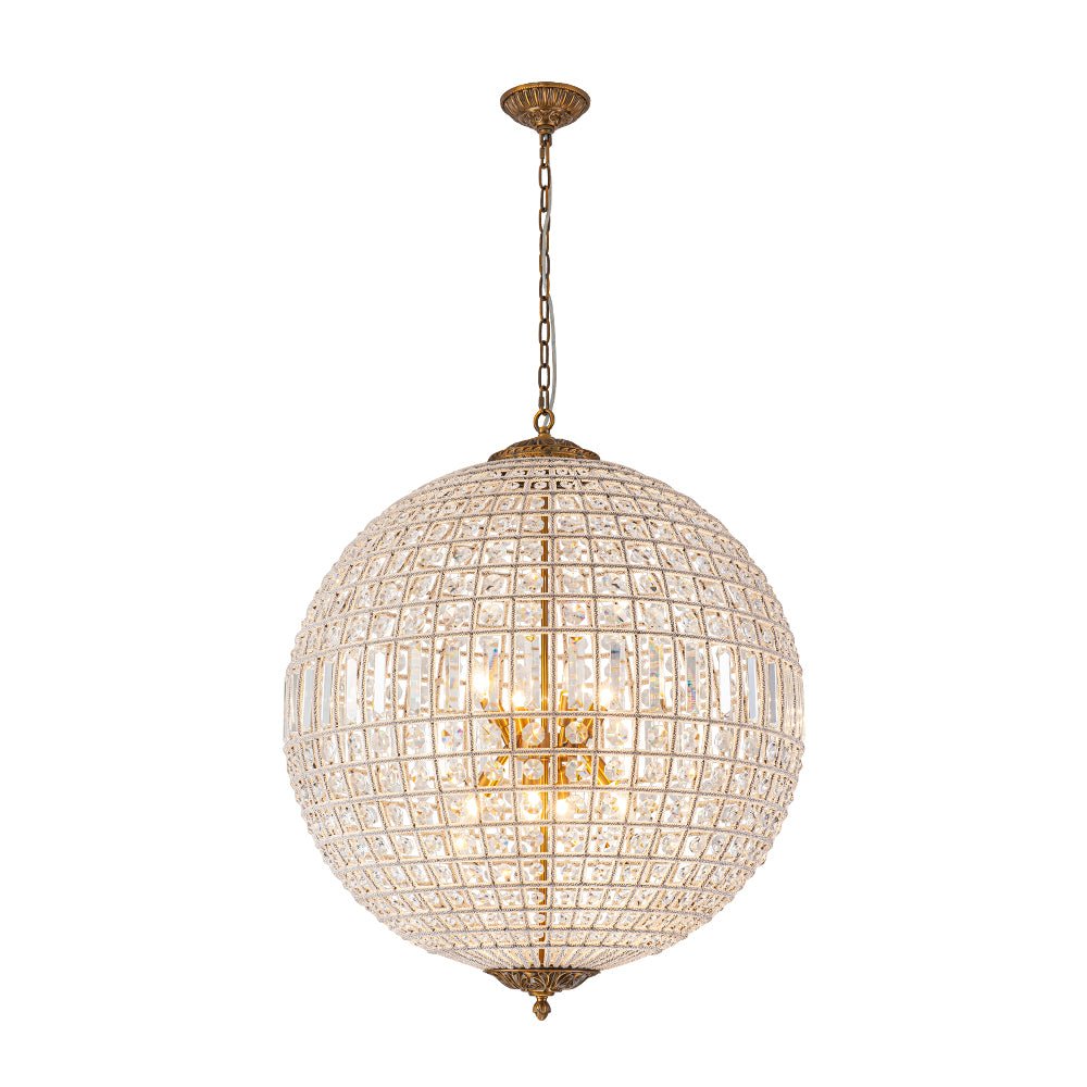 Elegant Faceted Crystal Globe Pendant Chandelier: Antique Brass, Entangled Beads, Dimmable