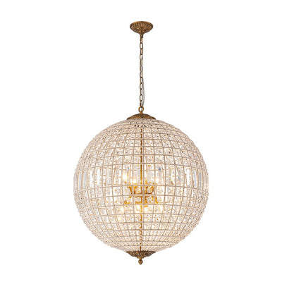 Elegant Faceted Crystal Globe Pendant Chandelier: Antique Brass, Entangled Beads, Dimmable