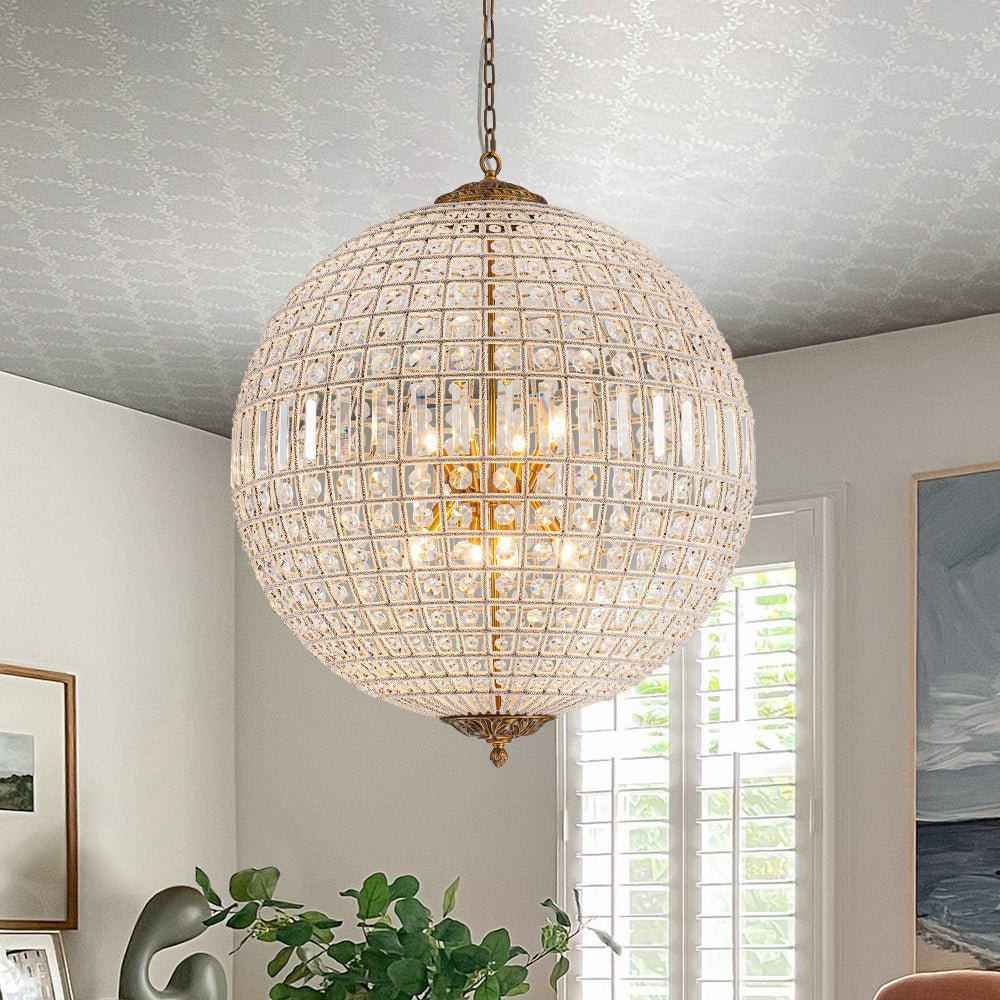 Elegant Faceted Crystal Globe Pendant Chandelier: Antique Brass, Entangled Beads, Dimmable