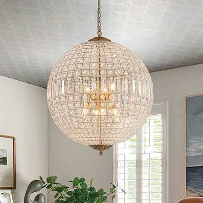 Elegant Faceted Crystal Globe Pendant Chandelier: Antique Brass, Entangled Beads, Dimmable