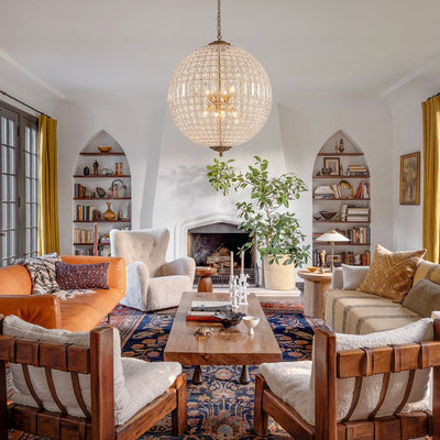 Elegant Faceted Crystal Globe Pendant Chandelier: Antique Brass, Entangled Beads, Dimmable