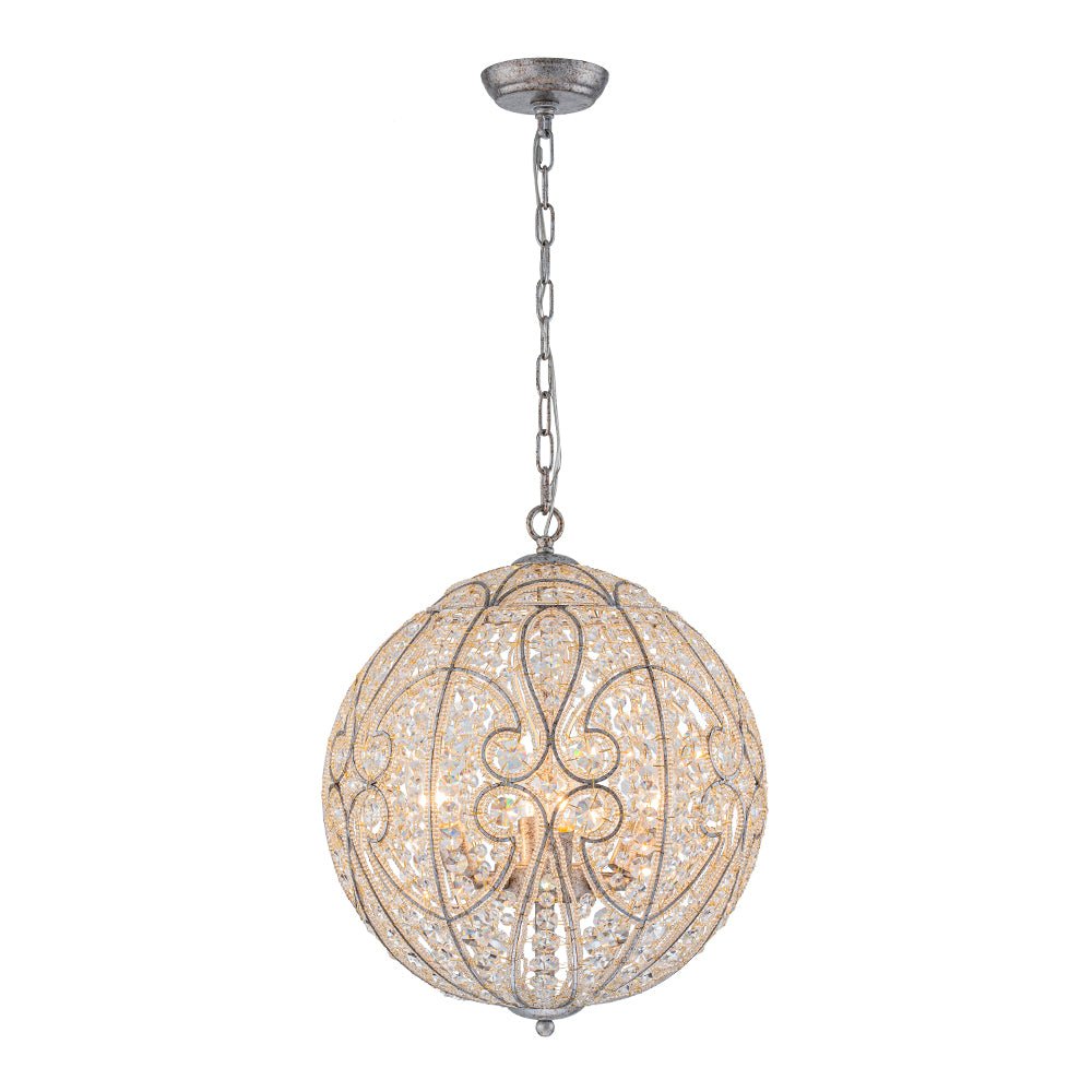 Sparkling Crystal Globe Pendant Chandelier, Rusty Silver Finish, Dimmable, 4-6 Lights