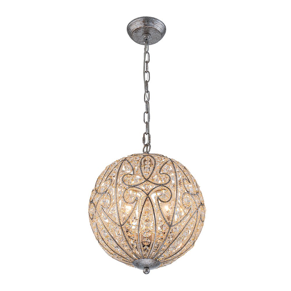 Elegant Rustic Silver Crystal Globe Chandelier Pendant Light, Dimmable, 4/6 Bulbs