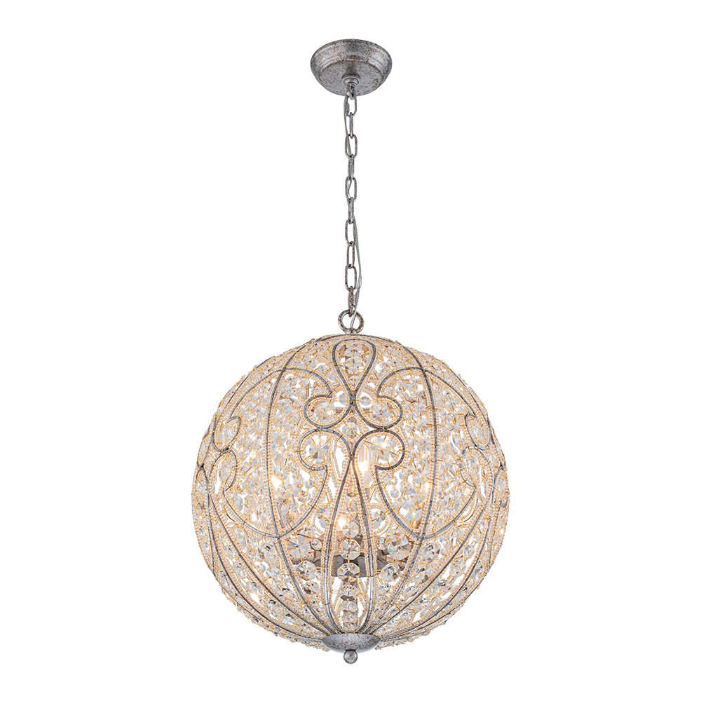 Elegant Rustic Silver Crystal Globe Chandelier Pendant Light, Dimmable, 4/6 Bulbs
