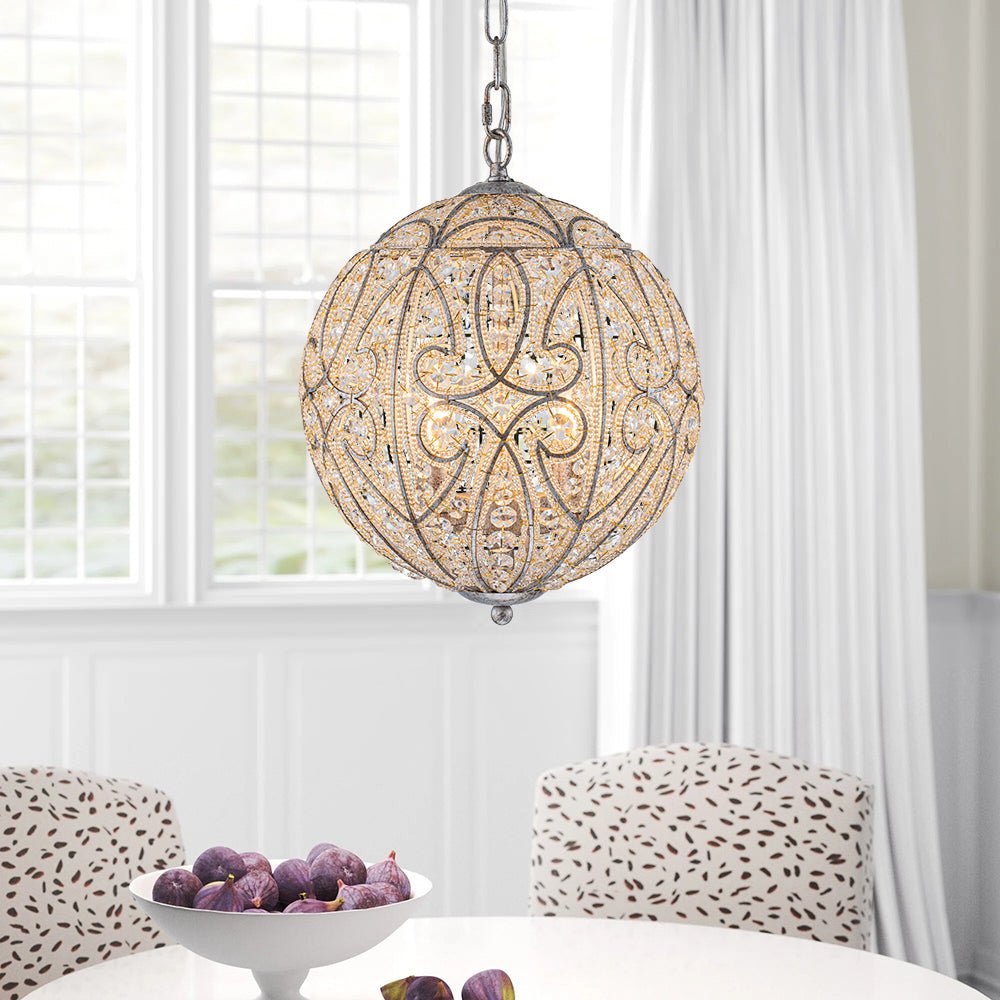Elegant Rustic Silver Crystal Globe Chandelier Pendant Light, Dimmable, 4/6 Bulbs