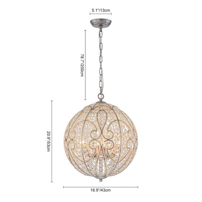 Sparkling Crystal Globe Pendant Chandelier, Rusty Silver Finish, Dimmable, 4-6 Lights