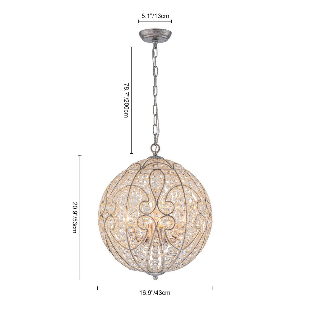 Elegant Rustic Silver Crystal Globe Chandelier Pendant Light, Dimmable, 4/6 Bulbs