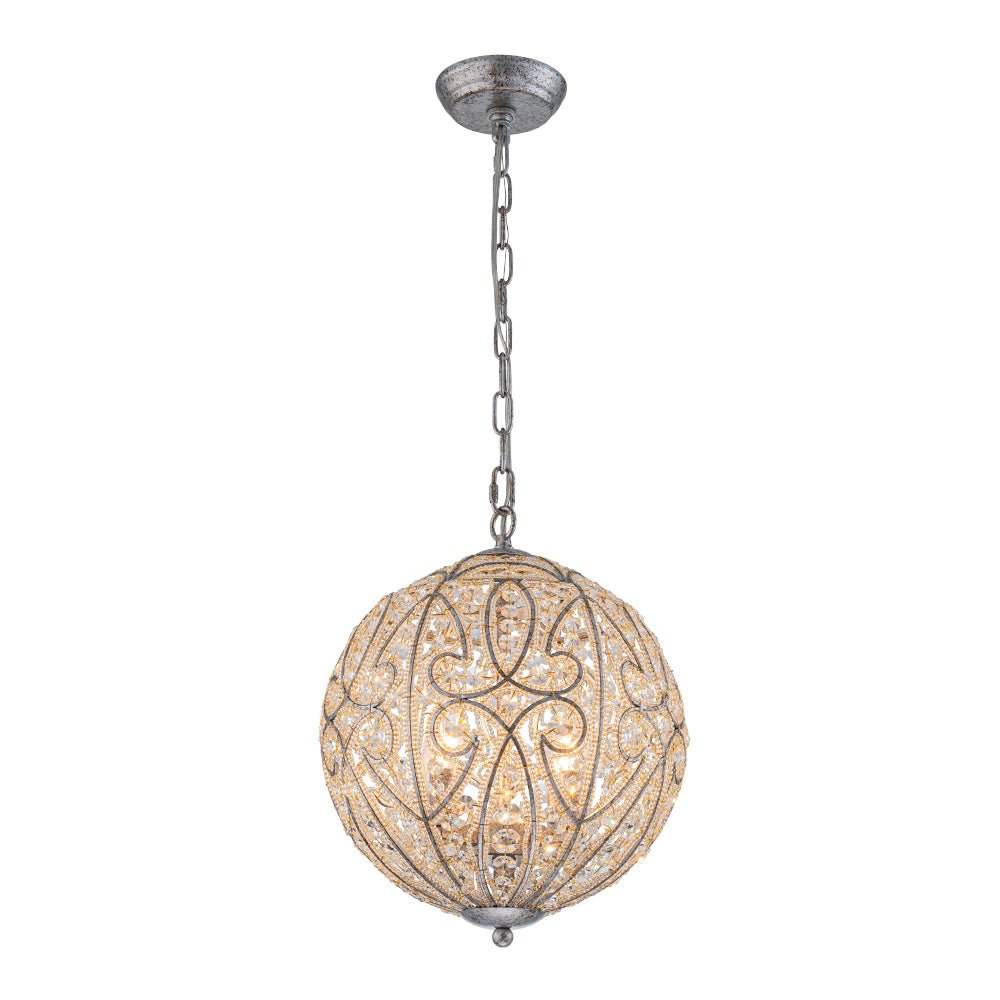 Elegant Rustic Silver Crystal Globe Chandelier Pendant Light, Dimmable, 4/6 Bulbs