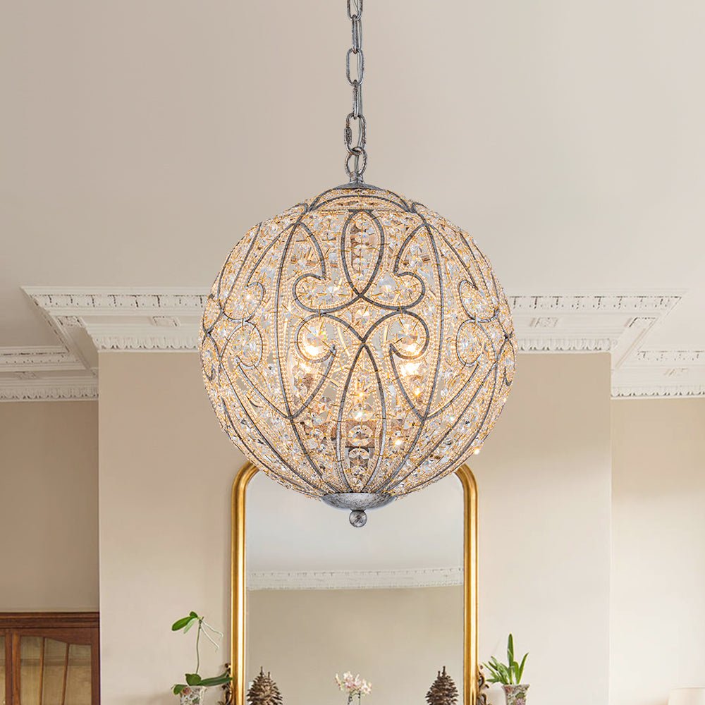 Elegant Rustic Silver Crystal Globe Chandelier Pendant Light, Dimmable, 4/6 Bulbs