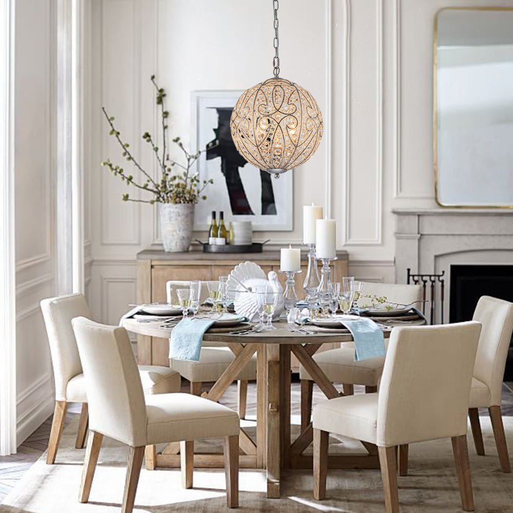 Elegant Rustic Silver Crystal Globe Chandelier Pendant Light, Dimmable, 4/6 Bulbs