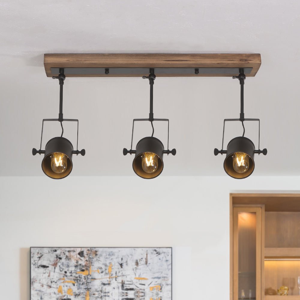 Modern Industrial 3-Light Black Metal Wood Pendant Track Lighting Fixture