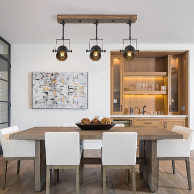 Modern Industrial 3-Light Black Metal Wood Pendant Track Lighting Fixture
