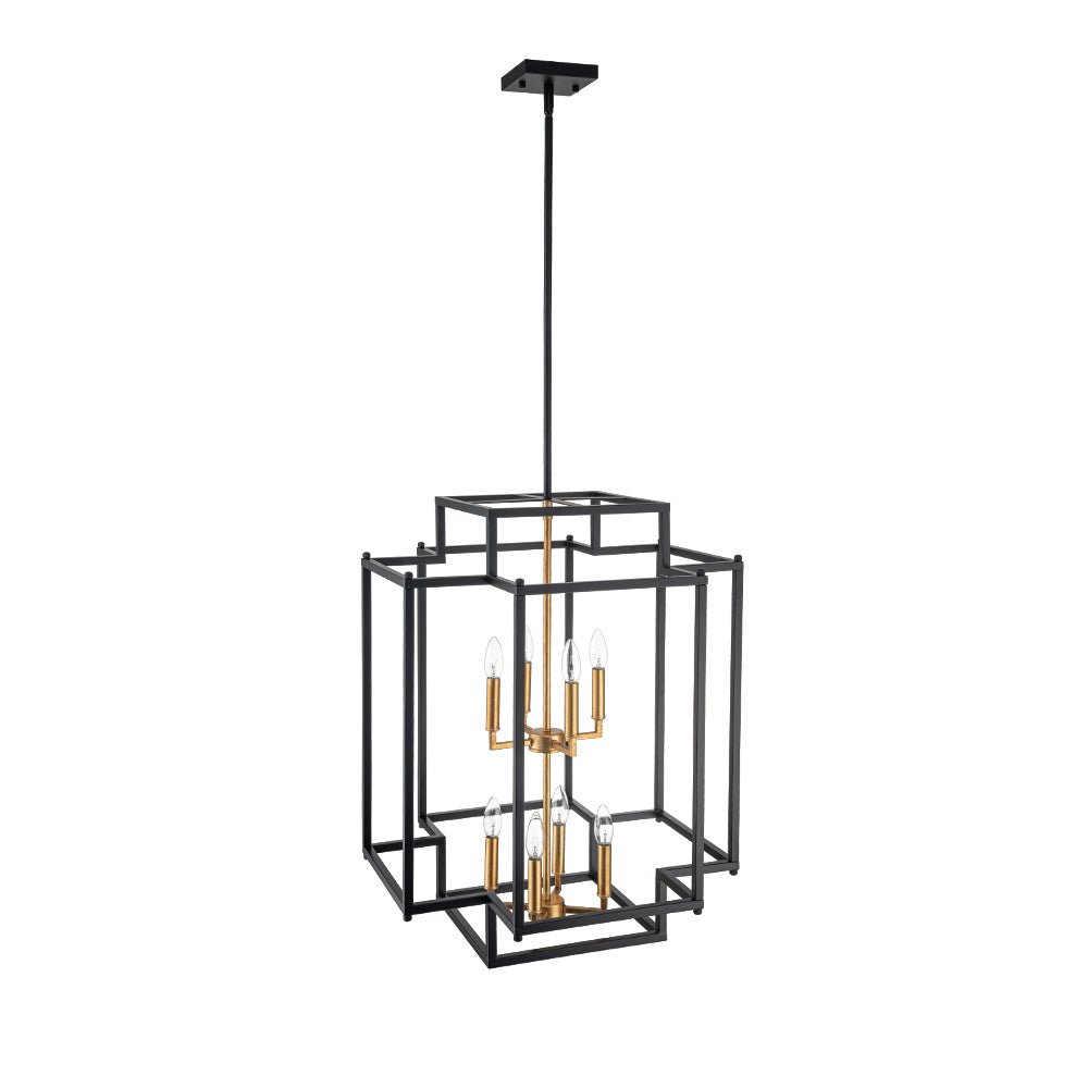 Industrial 8-Light Tiered Square Cage Candle Pendant Chandelier, Black Gold Finish