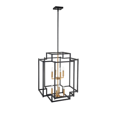 Industrial 8-Light Tiered Square Cage Candle Pendant Chandelier, Black Gold Finish