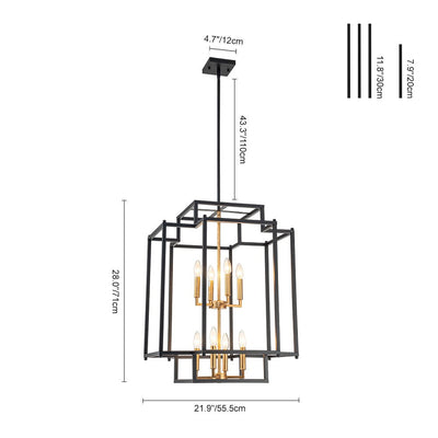 Industrial 8-Light Tiered Square Cage Candle Pendant Chandelier, Black Gold Finish