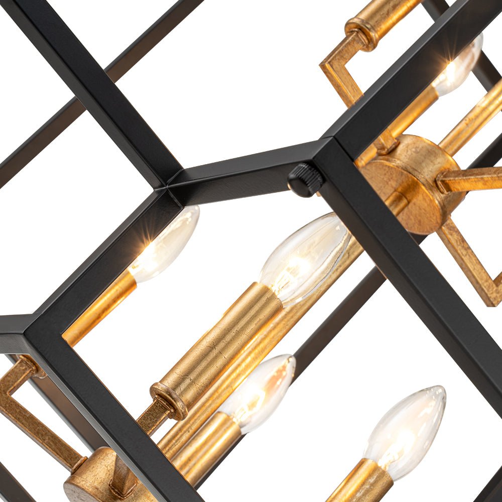 Industrial 8-Light Tiered Square Cage Candle Pendant Chandelier, Black Gold Finish