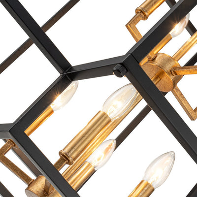 Industrial 8-Light Tiered Square Cage Candle Pendant Chandelier, Black Gold Finish